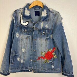 Cavalini Distressed Denim Jacket with Rose Embroidery – Size Medium